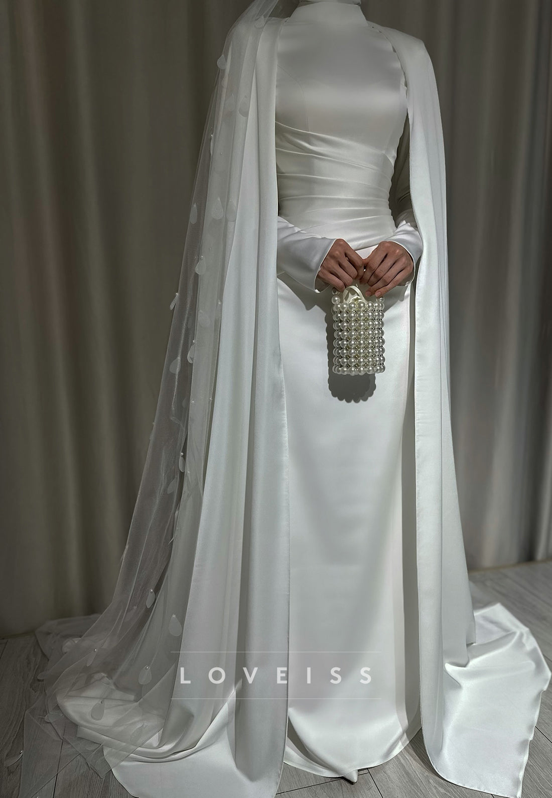 High-Neck Long-Sleeve Satin Wedding Dress with Cape