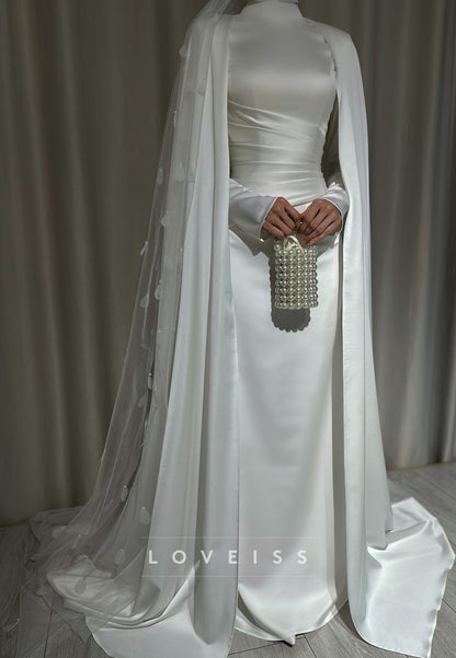 High-Neck Long-Sleeve Satin Wedding Dress with Cape