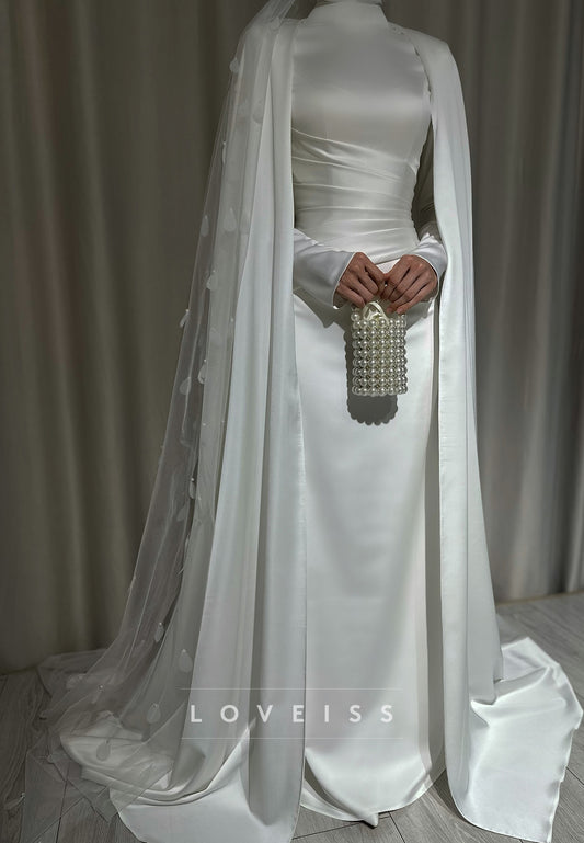 High-Neck Long-Sleeve Satin Wedding Dress with Cape