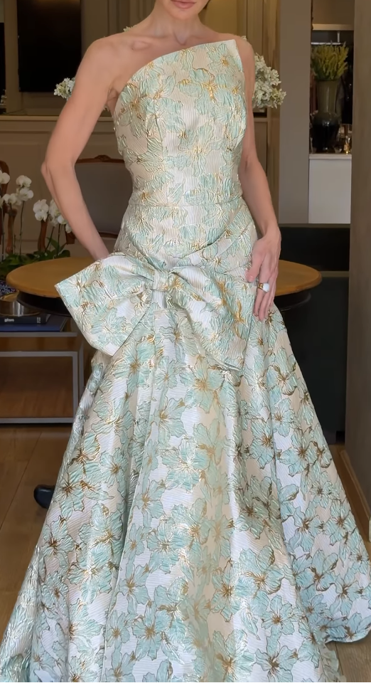 One-Shoulder Floral Jacquard Gown with Bow