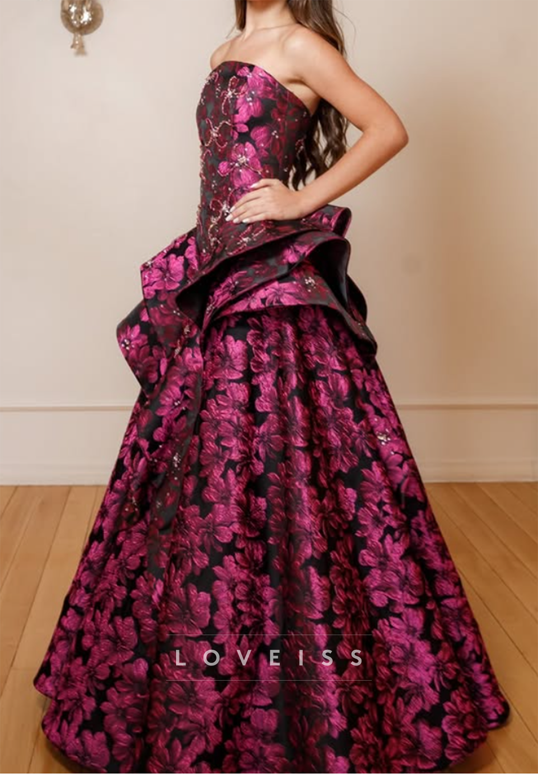 Strapless Floral Jacquard Ball Gown with Tiered Ruffles