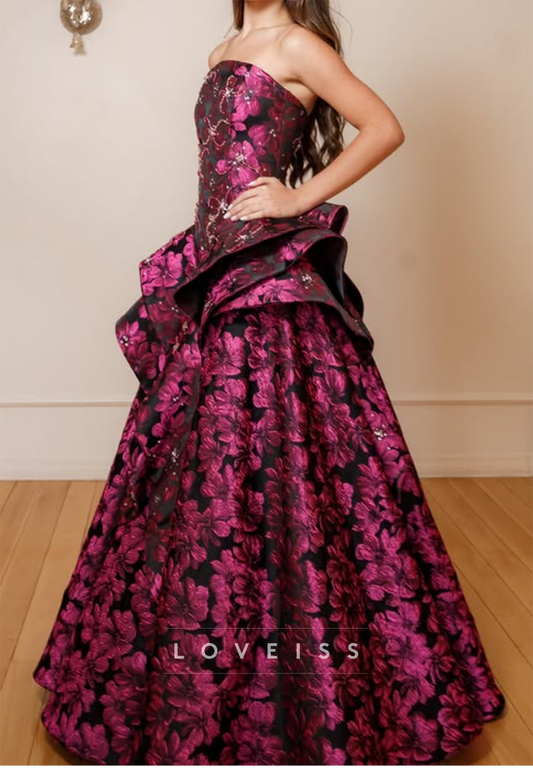 Strapless Floral Jacquard Ball Gown with Tiered Ruffles