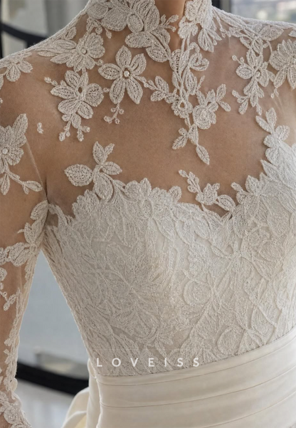 Lace High Neck Wedding Dress with Satin Overskirt