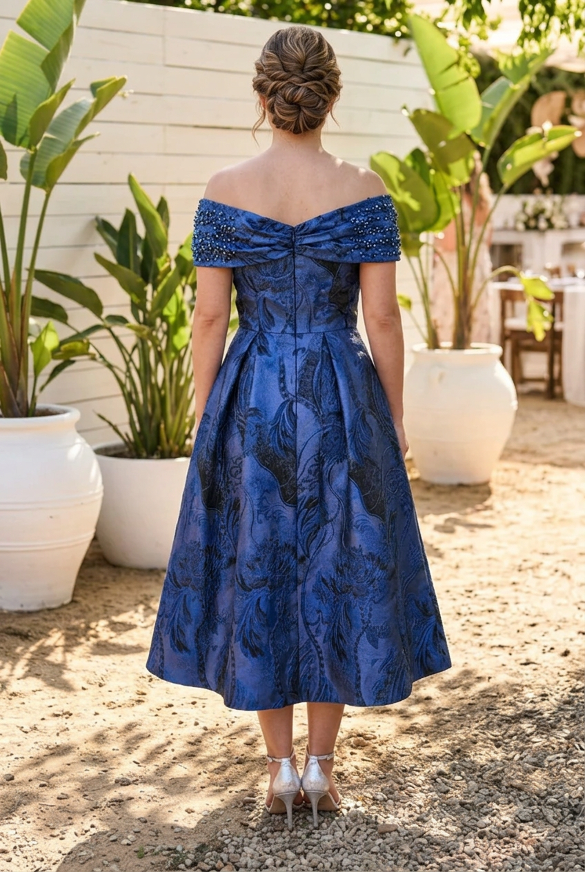 Off-the-Shoulder Jacquard Midi Dress with Pockets
