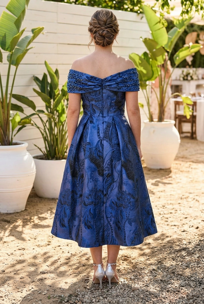 Off-the-Shoulder Jacquard Midi Dress with Pockets