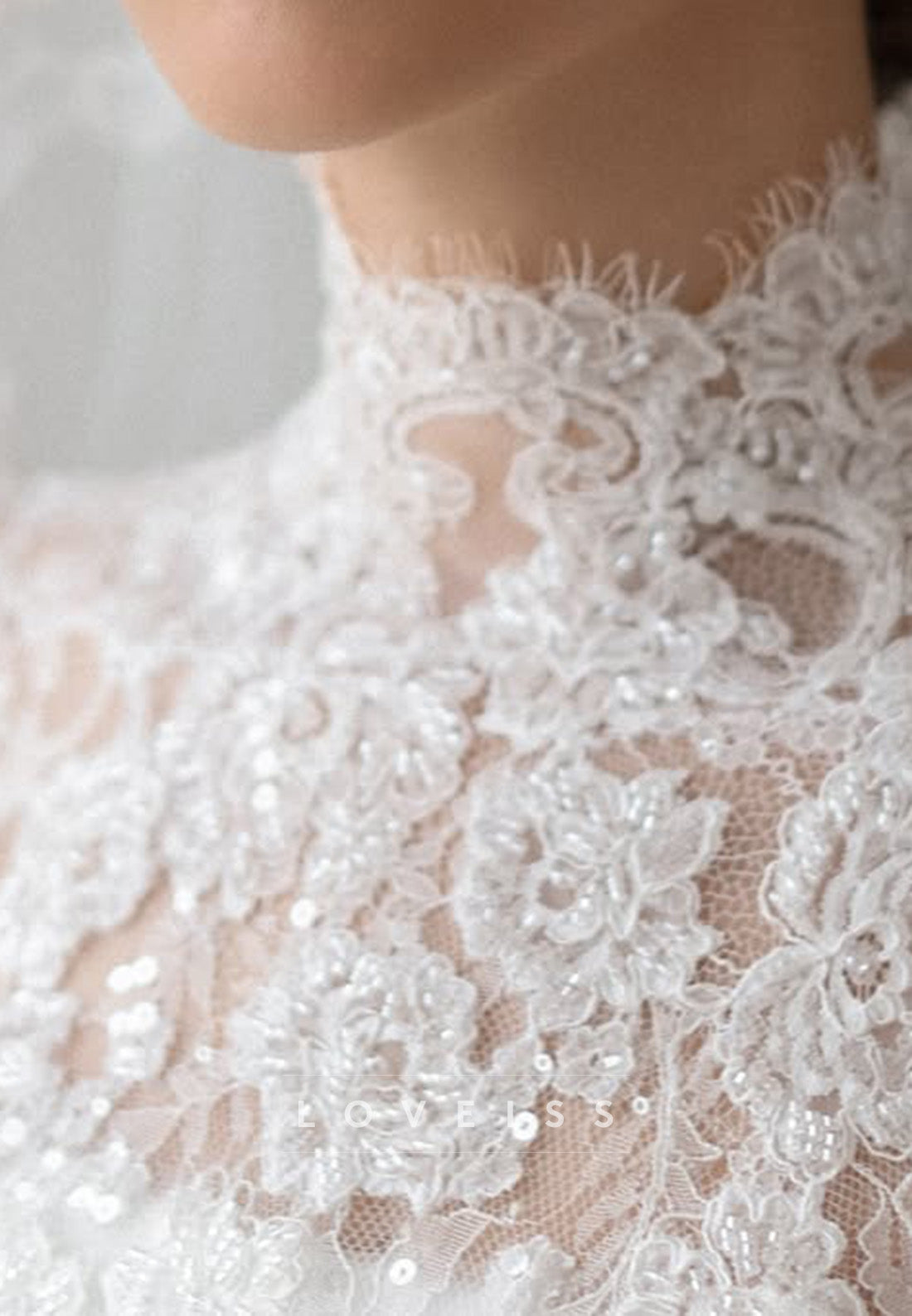 High-Neck Lace Wedding Dress with Long Sleeves