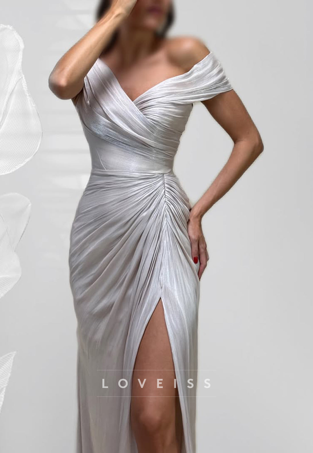 Ruched Off-the-Shoulder Metallic Gown with Slit