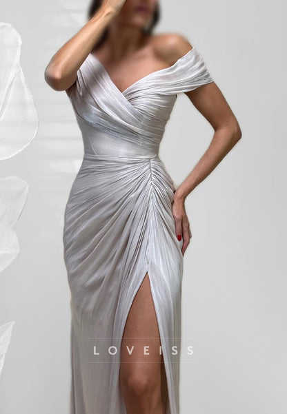 Ruched Off-the-Shoulder Metallic Gown with Slit