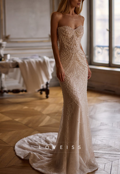 Strapless Beaded Sheath Wedding Dress with Train