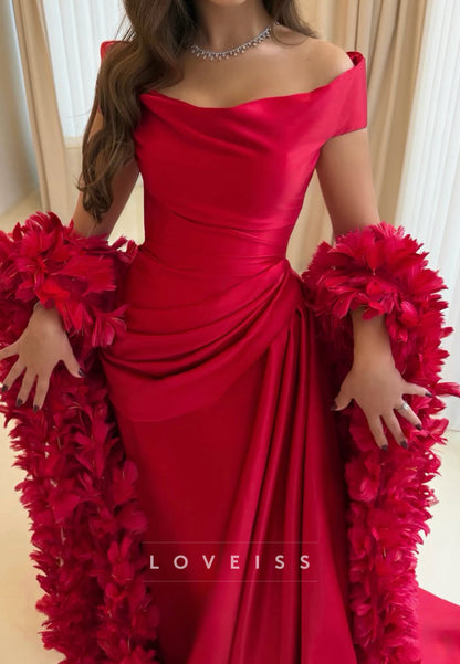Off-the-Shoulder Draped Gown with Feather Boa