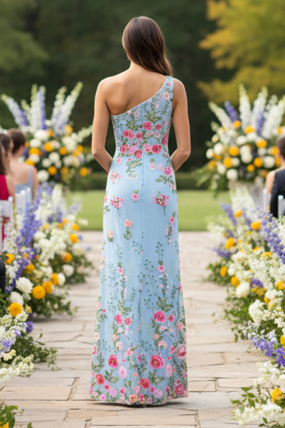 One Shoulder Floral Embroidered Evening Gown