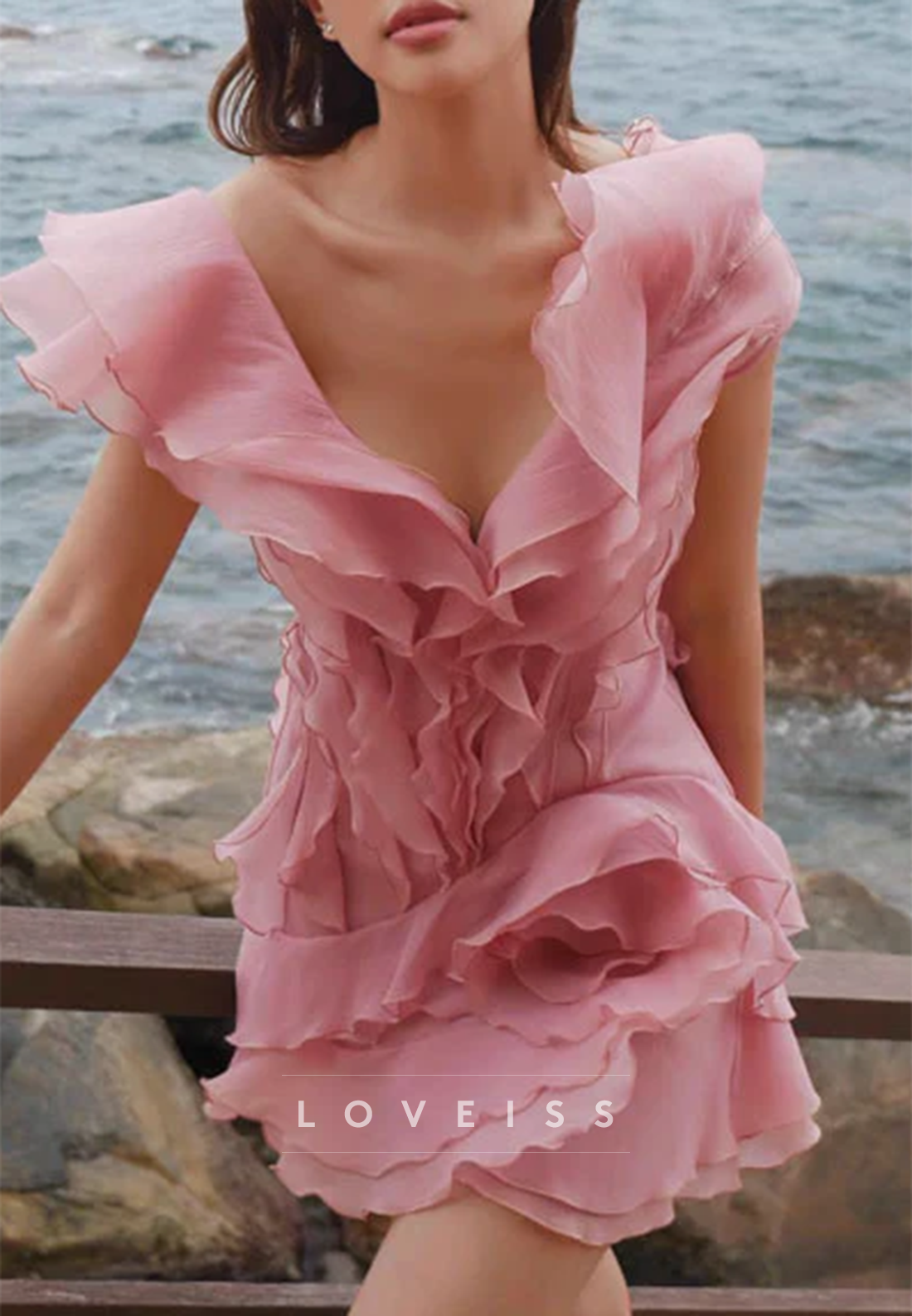 Ruffled V-Neck Mini Dress with 3D Flower Detail