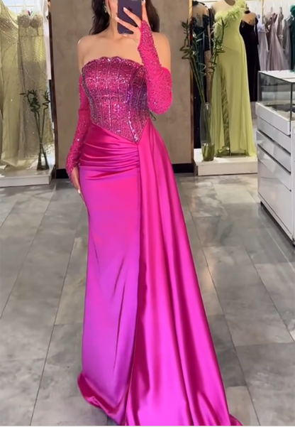 Beaded Corset Satin Evening Gown