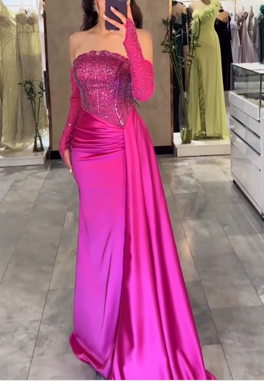 Beaded Corset Satin Evening Gown