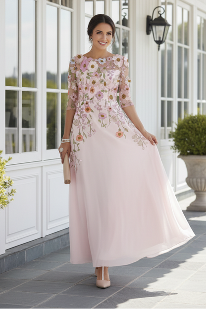 Floral Embroidered A-Line Evening Dress with 3/4 Sleeves