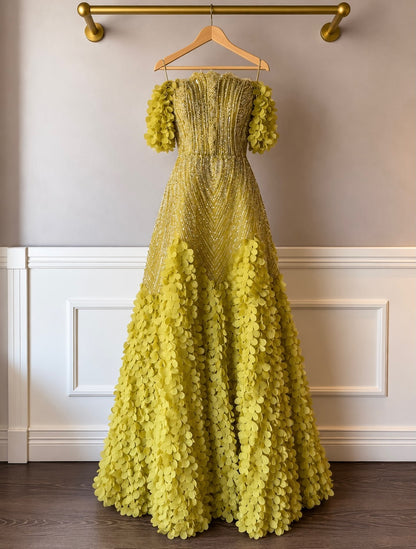 Beaded Petal A-Line Gown with Flutter Sleeves