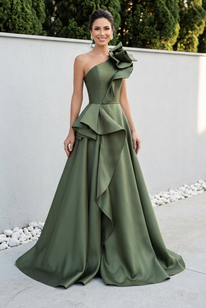 One-Shoulder Ruffle Peplum Evening Gown