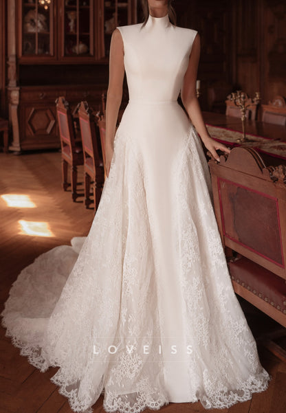 High Neck A-Line Wedding Dress with Lace Train