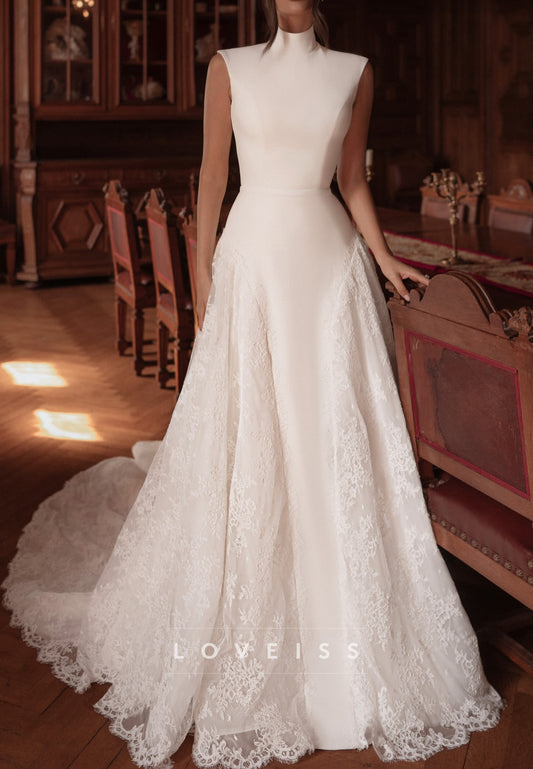 High Neck A-Line Wedding Dress with Lace Train