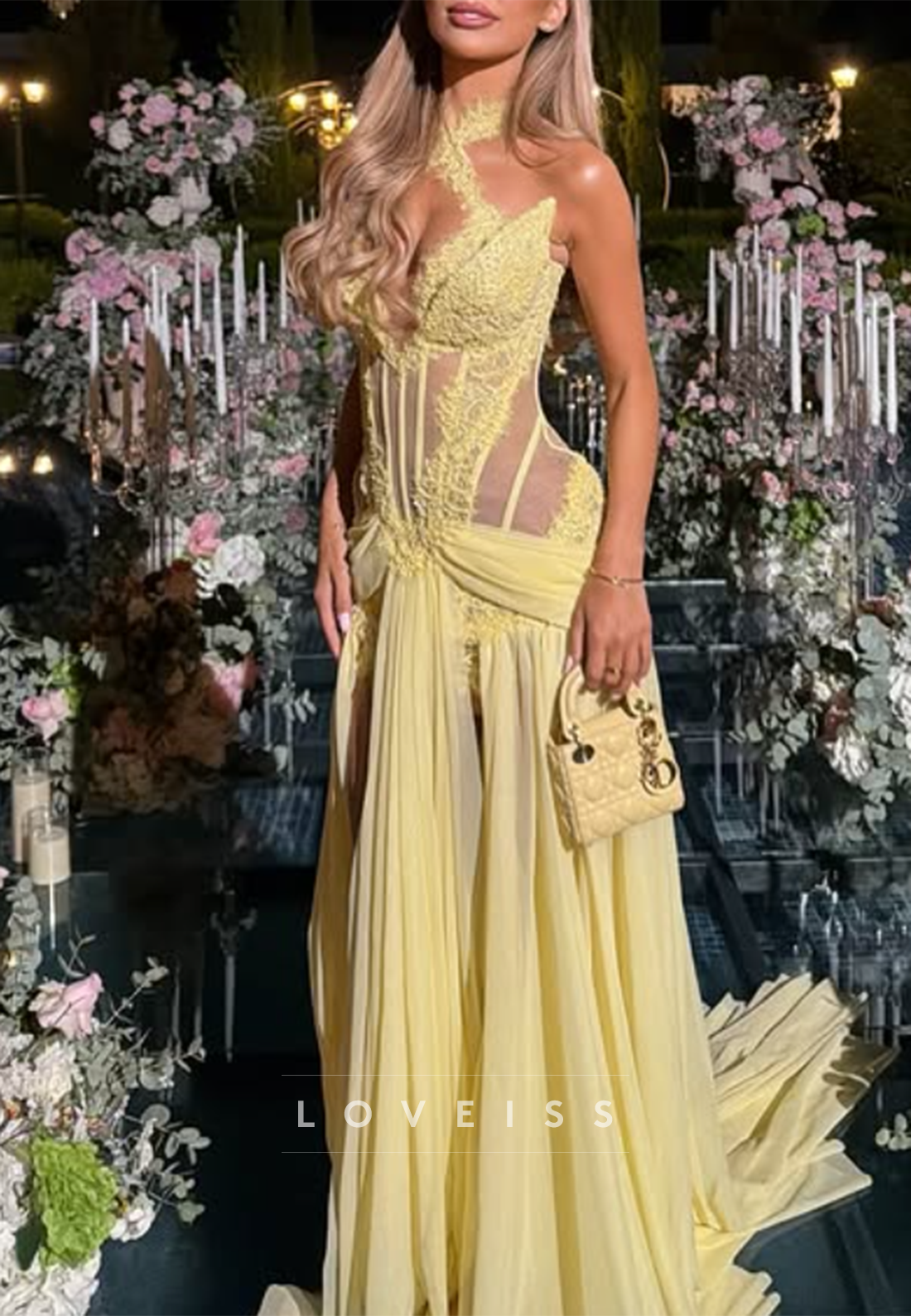 Corset Lace Evening Gown with Slit Overskirt