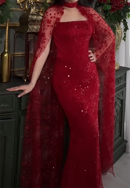 Sequin Cape Column Evening Gown