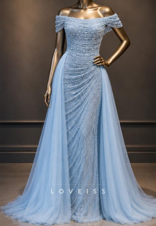 Off-Shoulder Beaded Gown with Tulle Overskirt Train