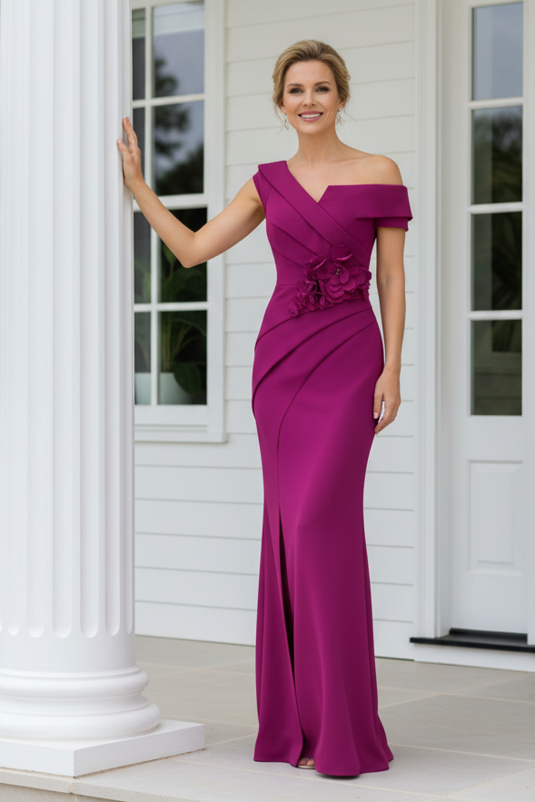 Asymmetrical One-Shoulder Crepe Gown with 3D Flowers