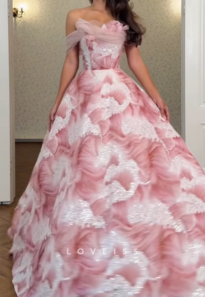 Off-Shoulder Floral Print Ball Gown with Lace Applique