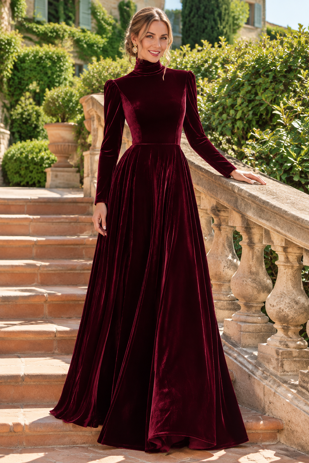 High-Neck Long-Sleeve Velvet Maxi Dress