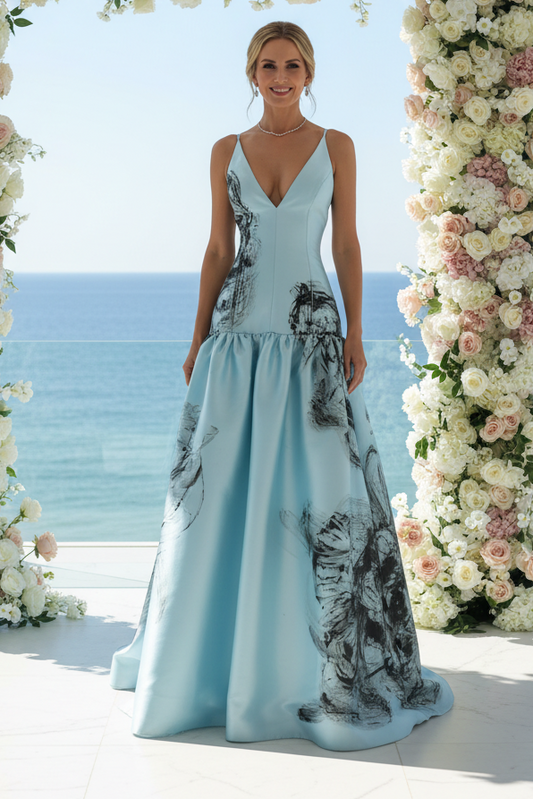 Abstract Print Deep V-Neck Satin Evening Gown