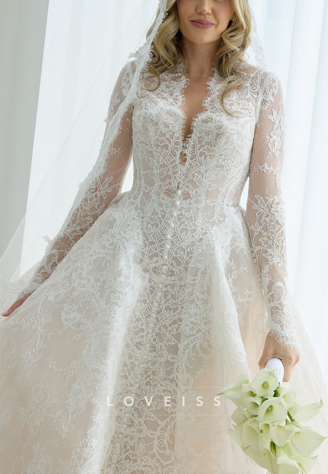 Long Sleeve Lace Wedding Gown with Overskirt