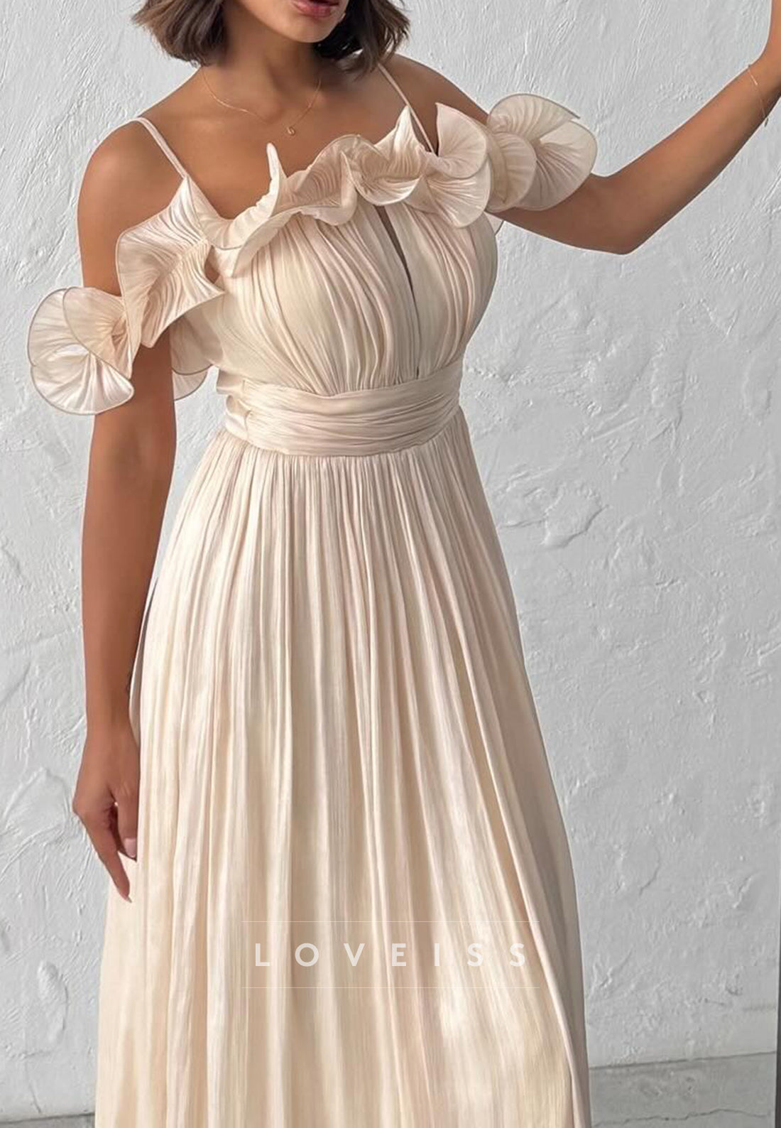 Off-the-Shoulder Pleated Ruffle Midi Dress