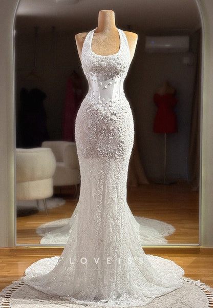 Beaded Lace Halter Mermaid Wedding Dress