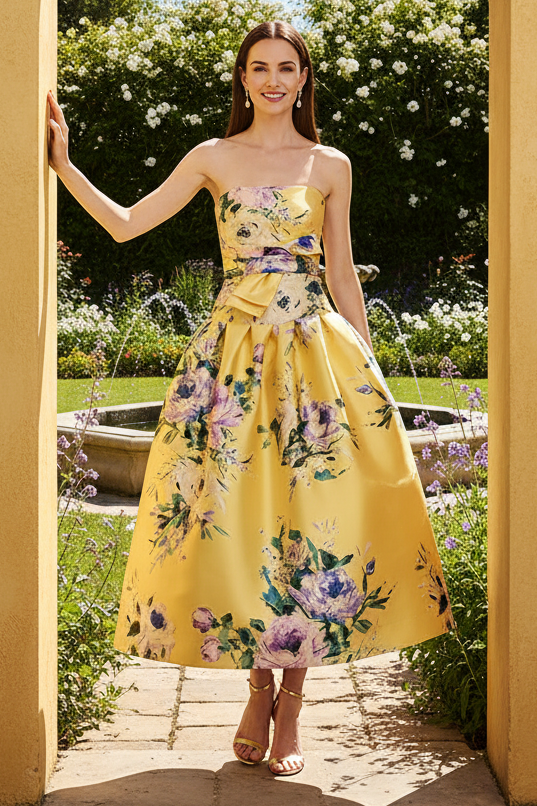 Strapless Floral Midi Dress with Waist Detail