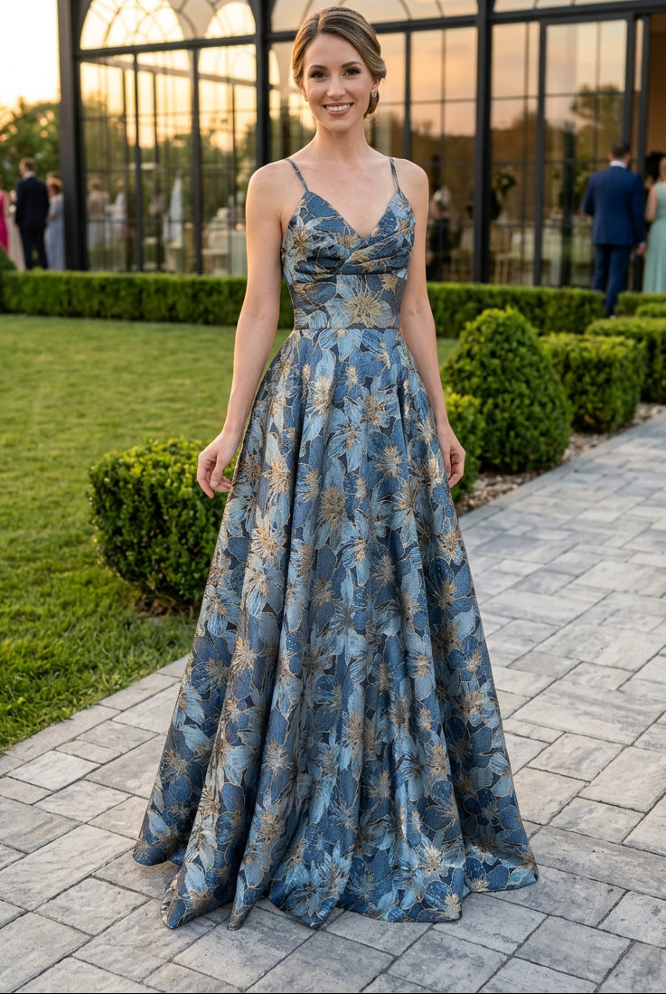 Floral Jacquard A-Line Gown with Spaghetti Straps