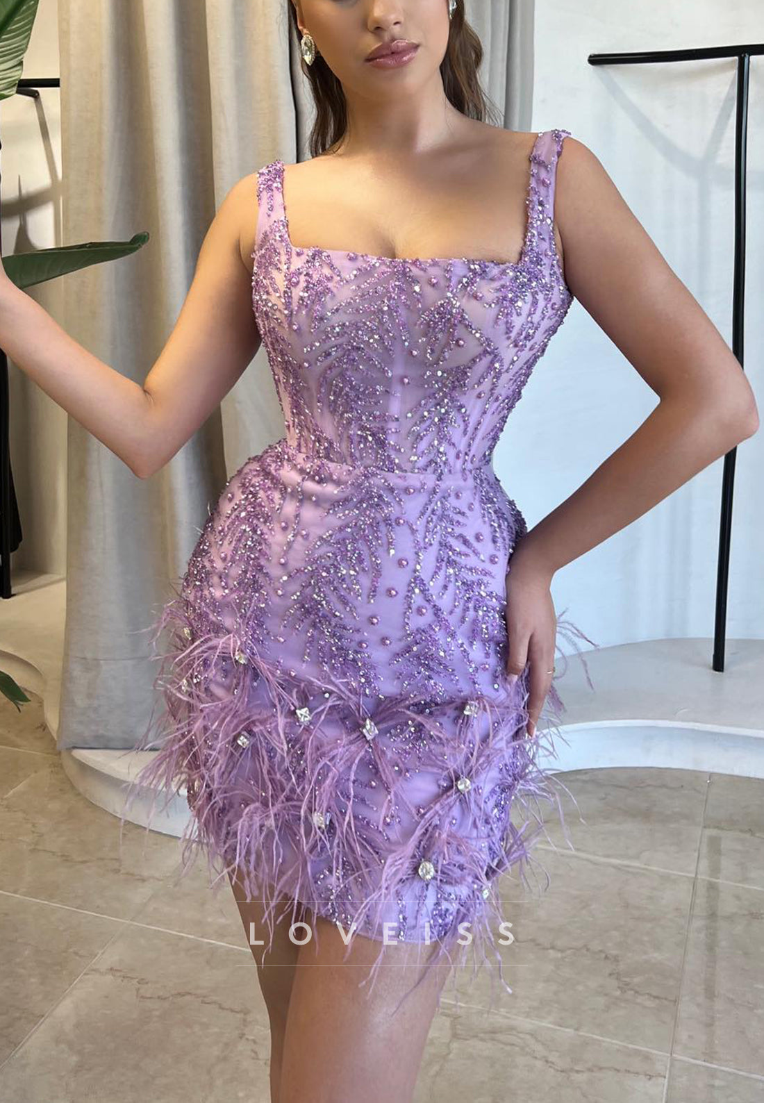 Beaded Corset Mini Dress with Feather Hem