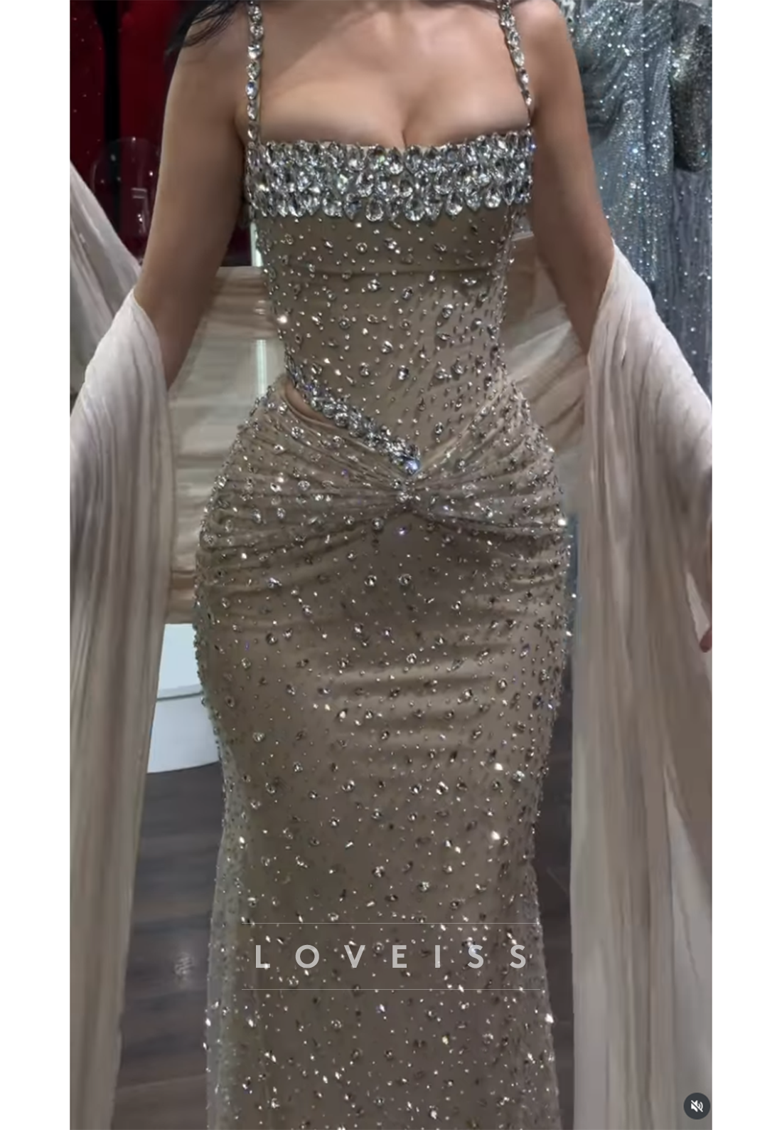 Crystal Beaded Corset Mermaid Evening Gown with Shawl