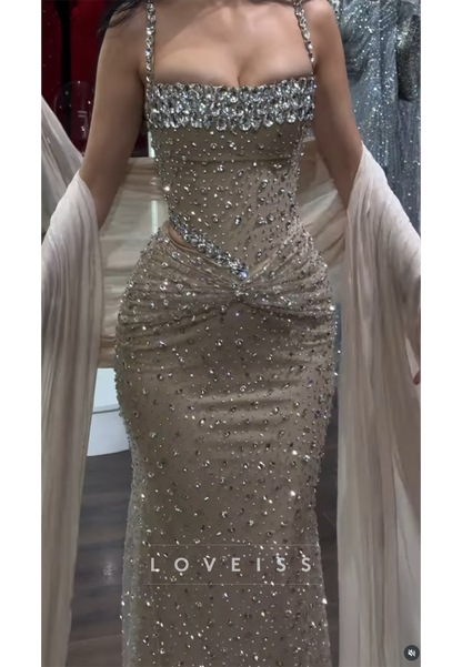 Crystal Beaded Corset Mermaid Evening Gown with Shawl