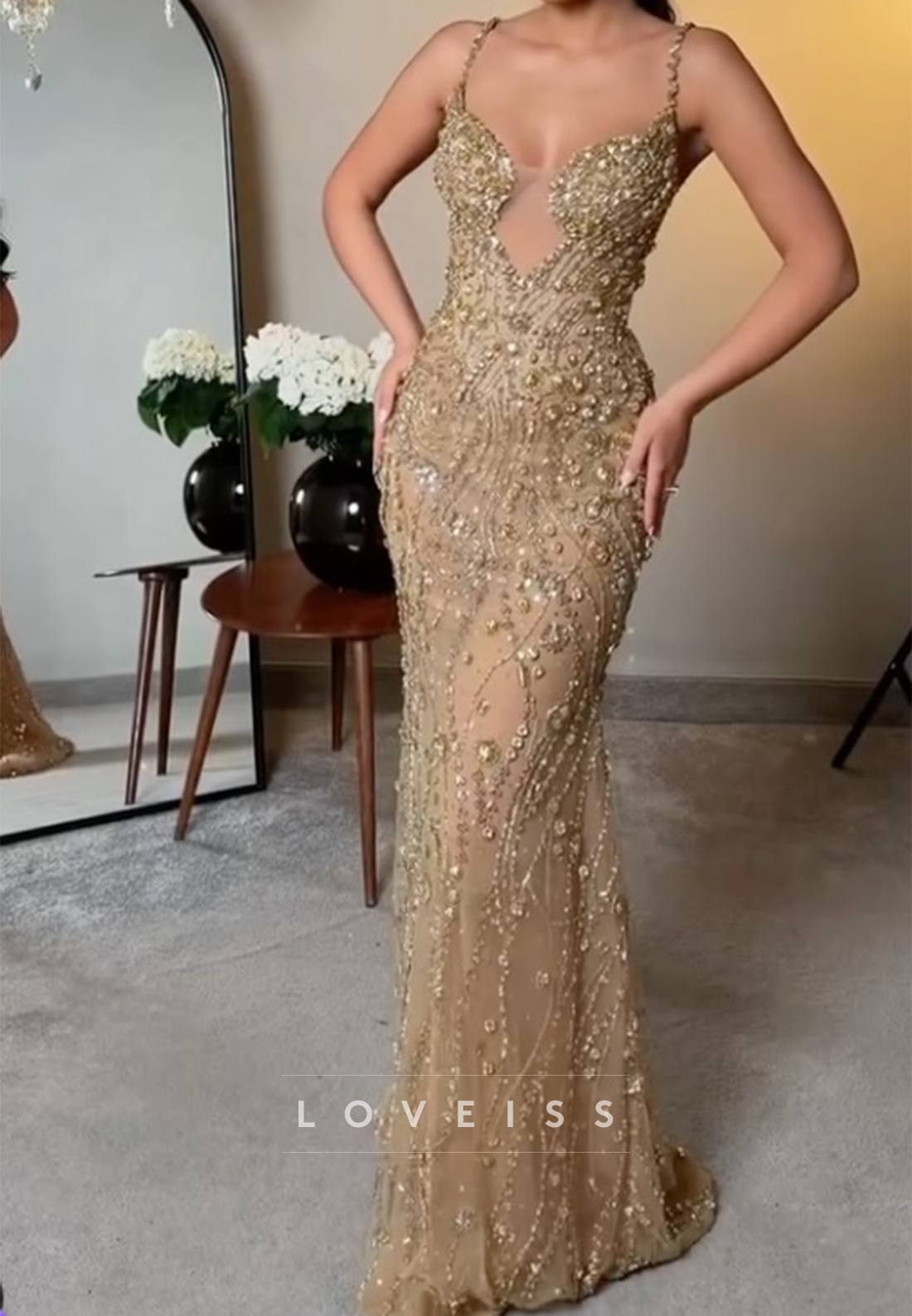 Beaded Plunging Neckline Maxi Evening Dress