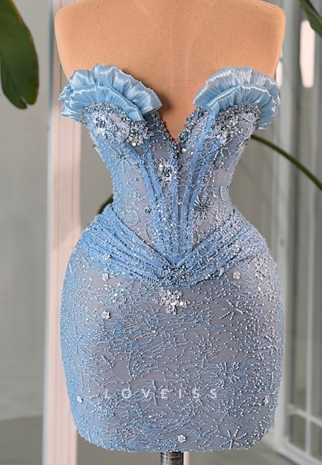 Beaded Lace Corset Mini Dress with Ruffles
