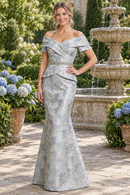 Off-the-Shoulder Floral Jacquard Peplum Gown
