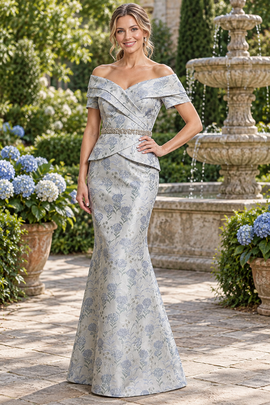 Off-the-Shoulder Floral Jacquard Peplum Gown