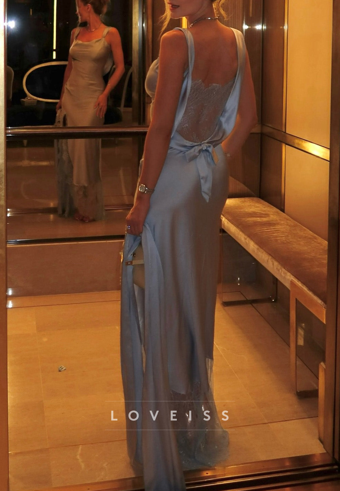 Cowl Neck Satin Maxi Dress with Lace Hem & Slit