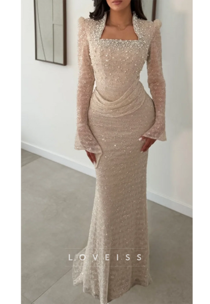 Long Sleeve Pearl Beaded Mermaid Evening Gown