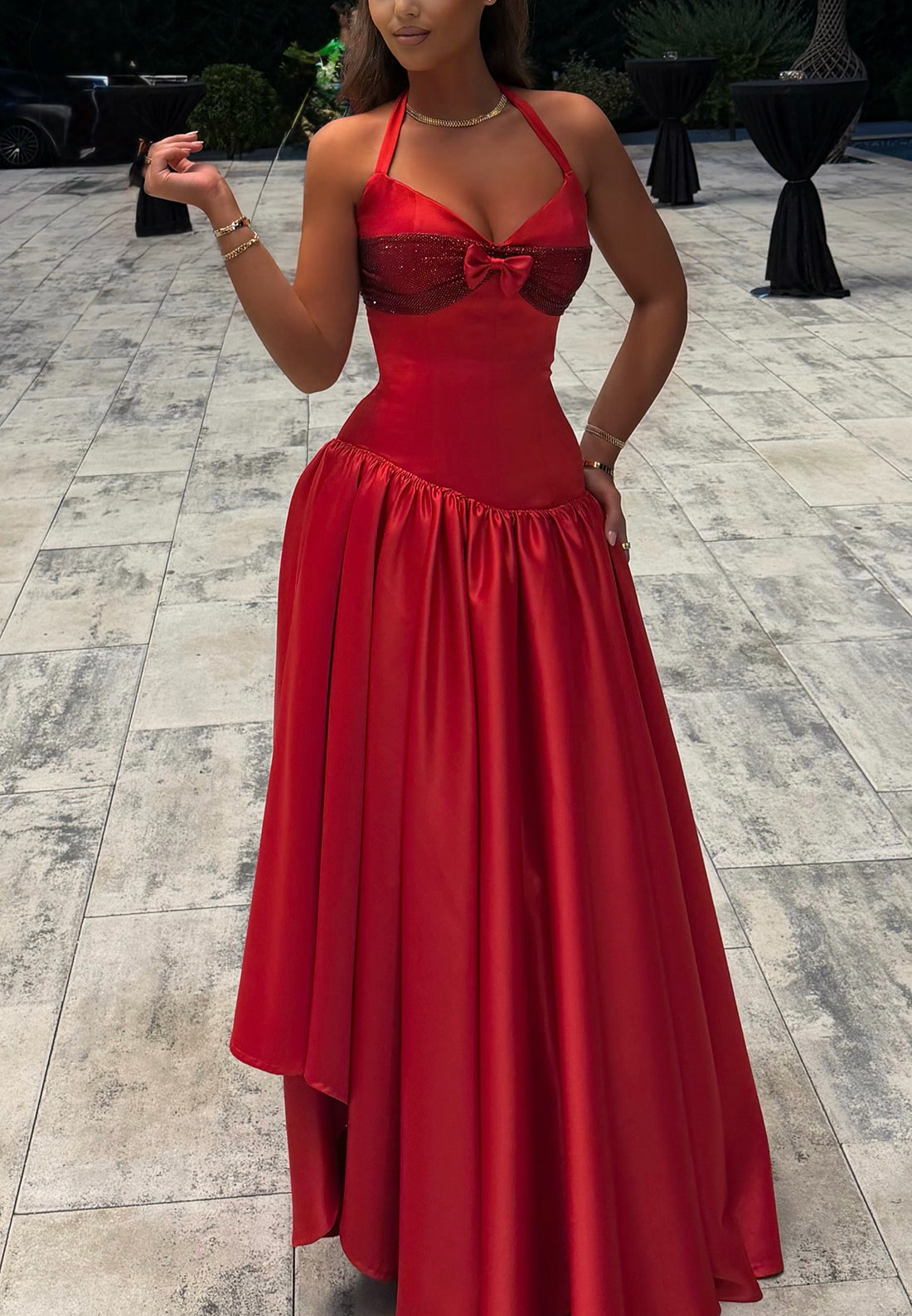 Halter Drop-Waist Gown with Embellished Bust