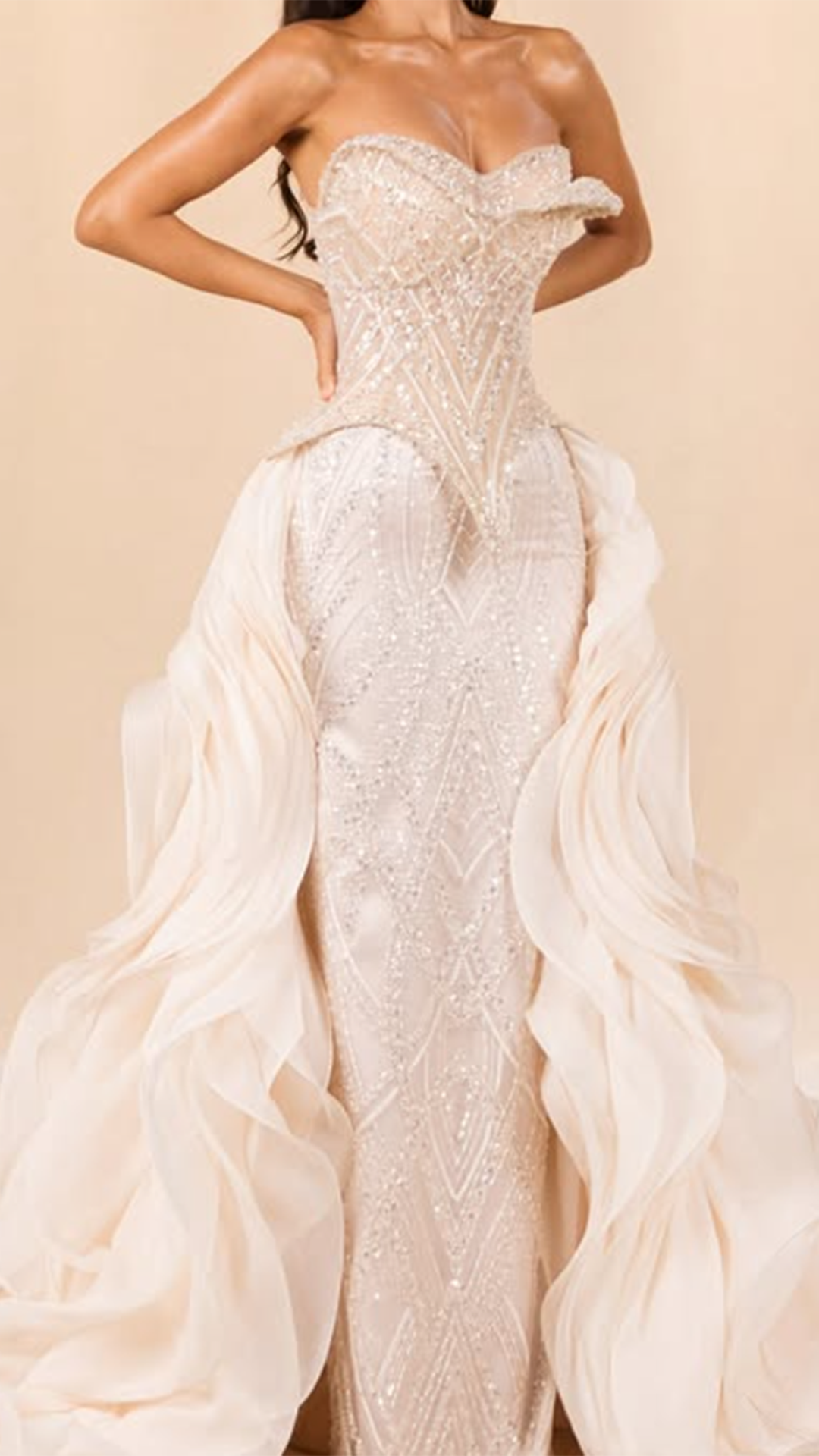 Strapless Beaded Corset Gown with Ruffle Train