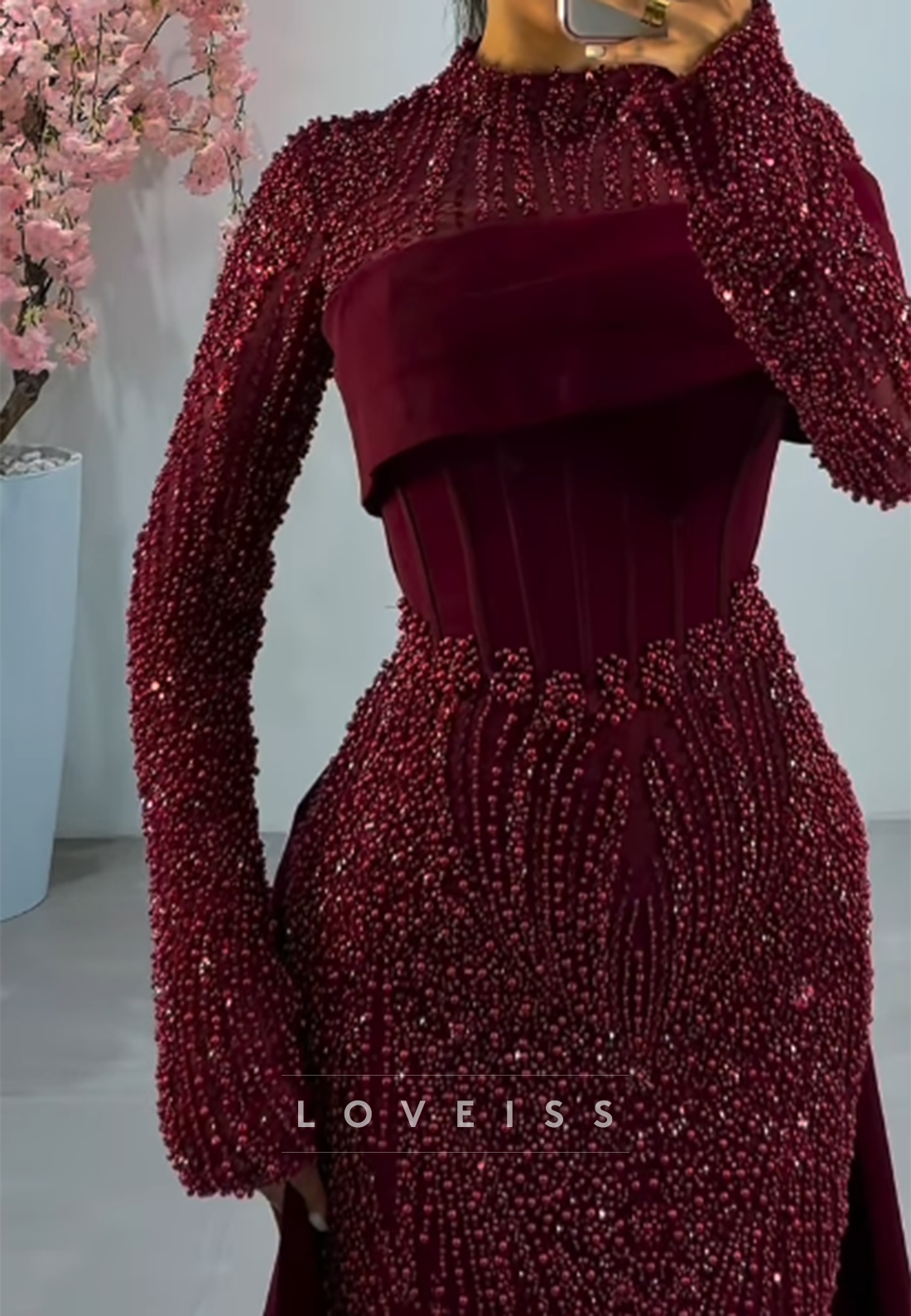 Beaded Mermaid Evening Gown with Detachable Train