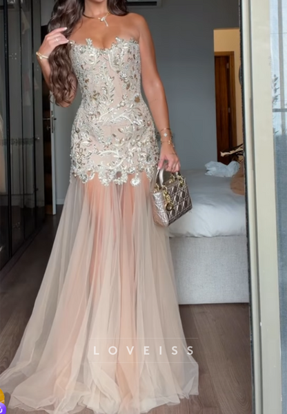 Embellished Corset Strapless Tulle Evening Gown