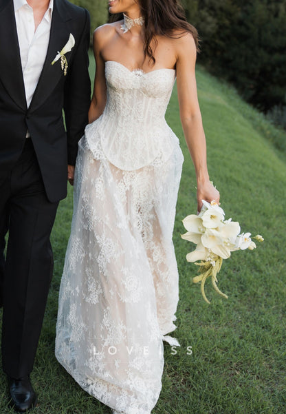 Lace Strapless Corset Wedding Dress with Slit