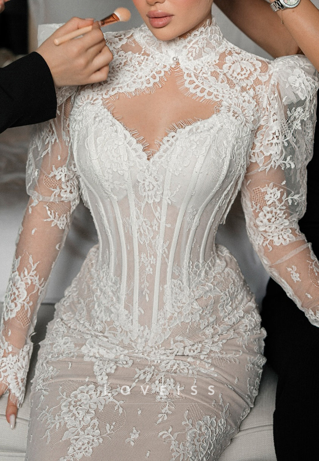 High-Neck Lace Mermaid Wedding Dress with Corset Bodice